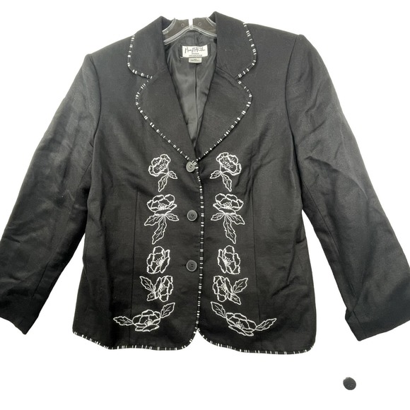 NEW Mary McFadden Black Linen Blend Womens Size 10 P Floral Embroidered Blazer - Picture 1 of 14